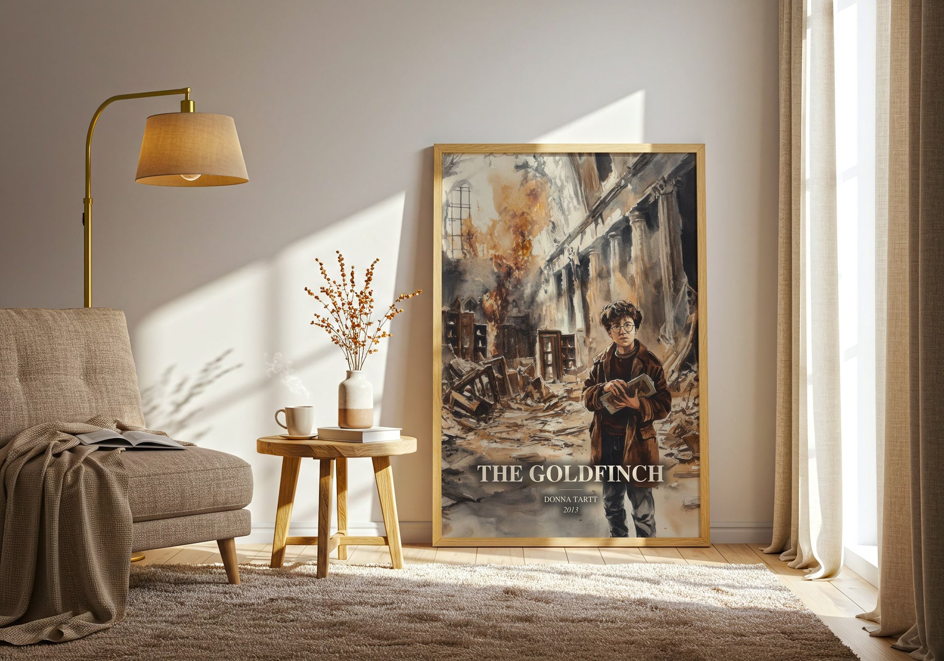 The Goldfinch watercolour print in frame leaning in hallway – literary fiction wall art