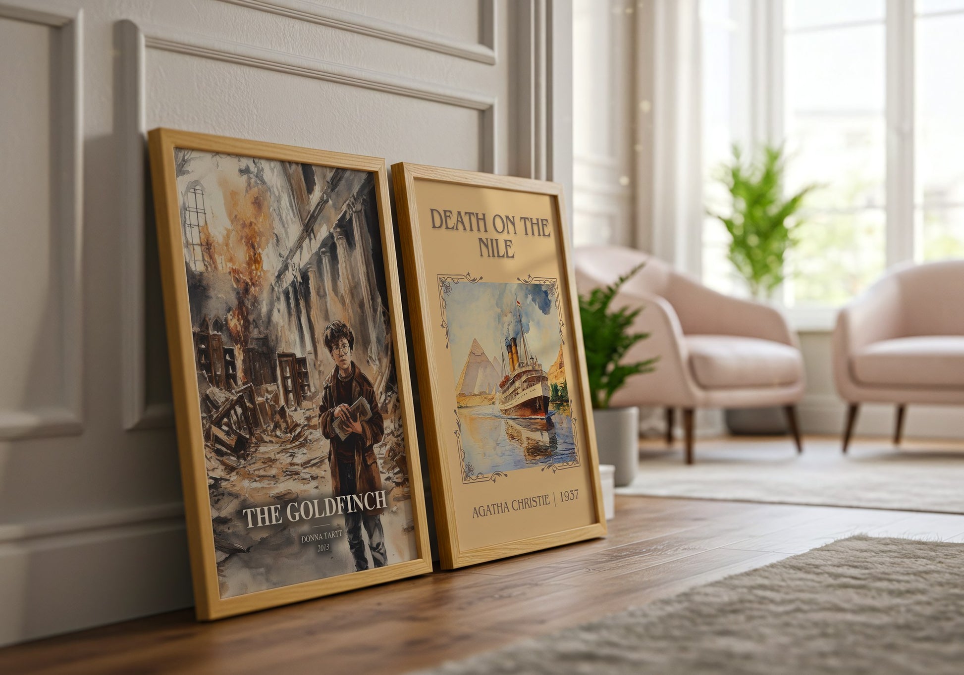 The Goldfinch watercolour print framed by window – literary home decor