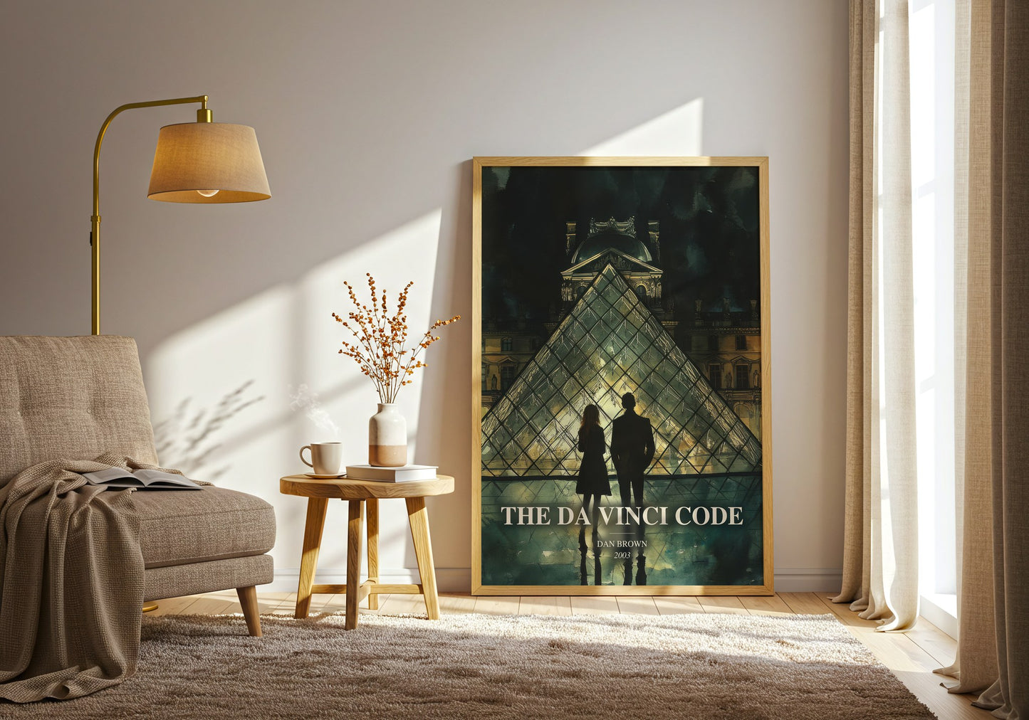 The Da Vinci Code watercolour print in frame leaning in hallway – mystery wall art