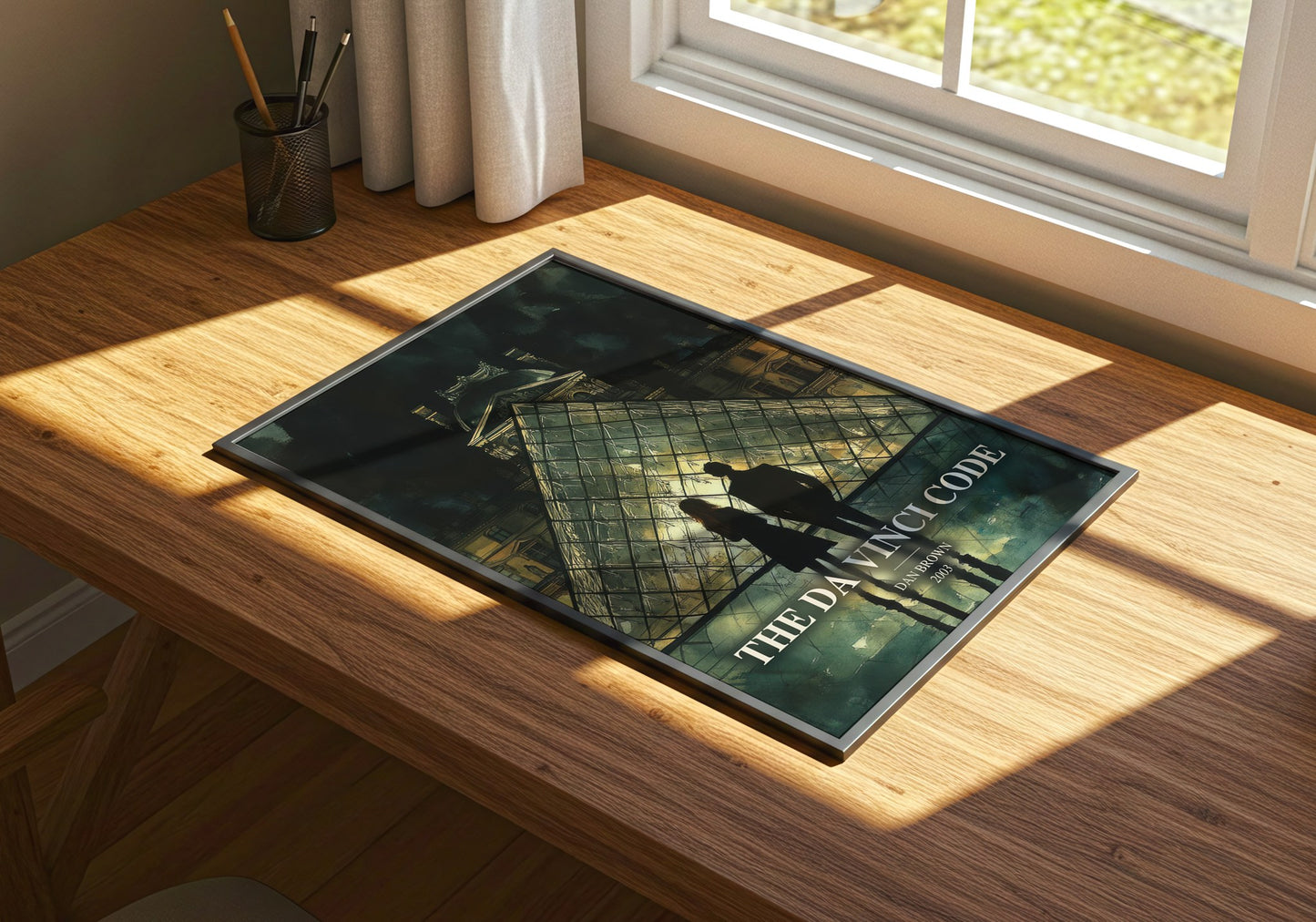 The Da Vinci Code watercolour book poster framed on wall – mystery wall art