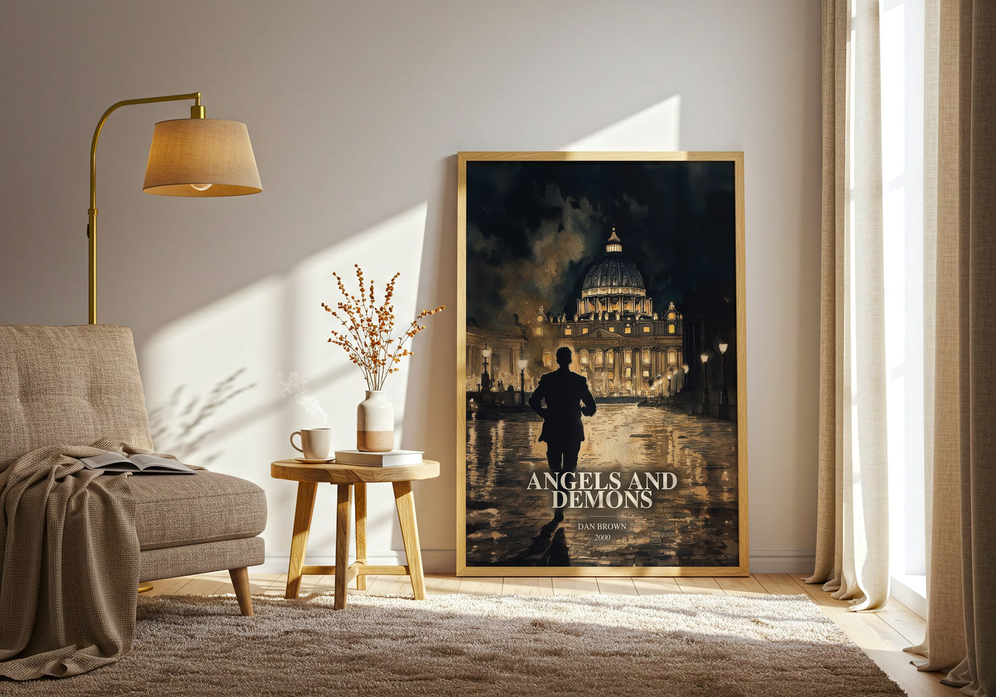 Angels And Demons watercolour print in frame leaning in hallway – thriller wall art
