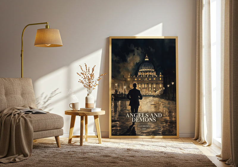 Angels And Demons watercolour print in frame leaning in hallway – thriller wall art