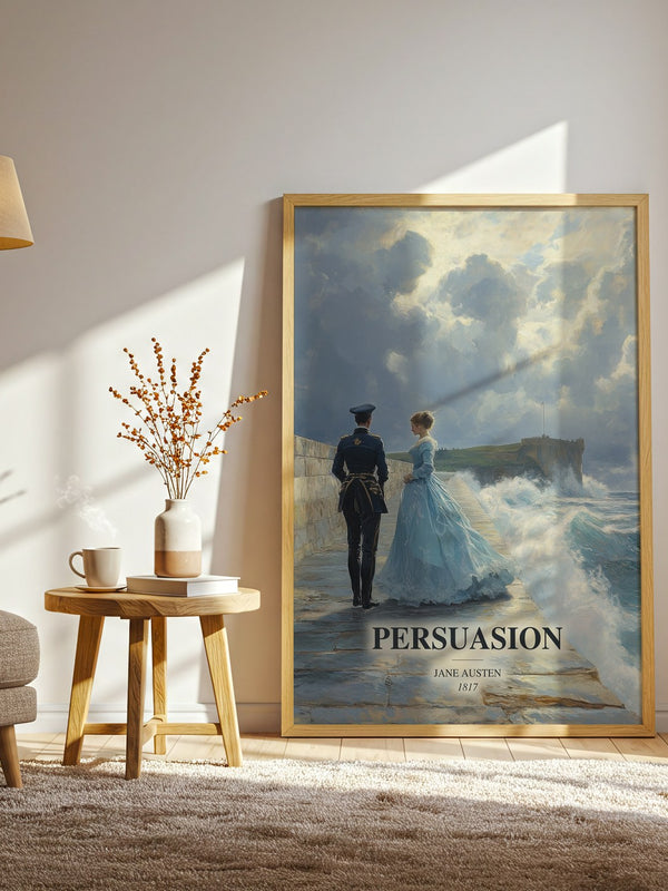 Persuasion watercolour print in frame leaning in hallway – classic literature wall art