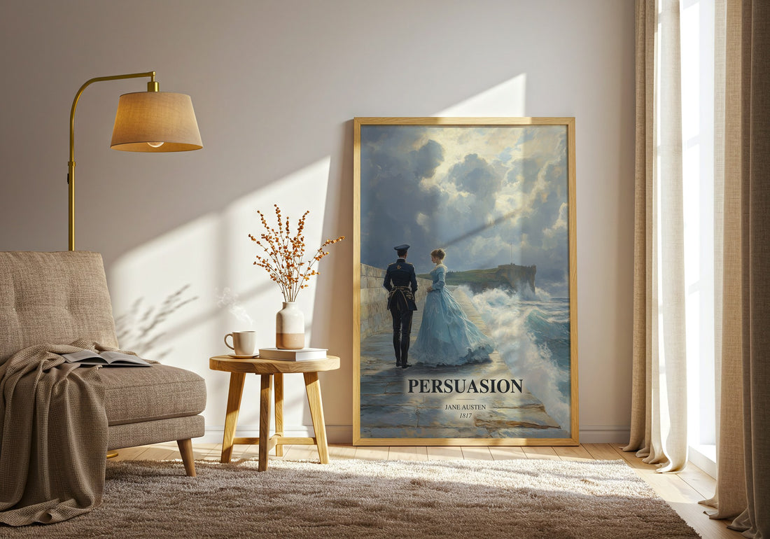 Persuasion watercolour print in frame leaning in hallway – classic literature wall art (mockup)