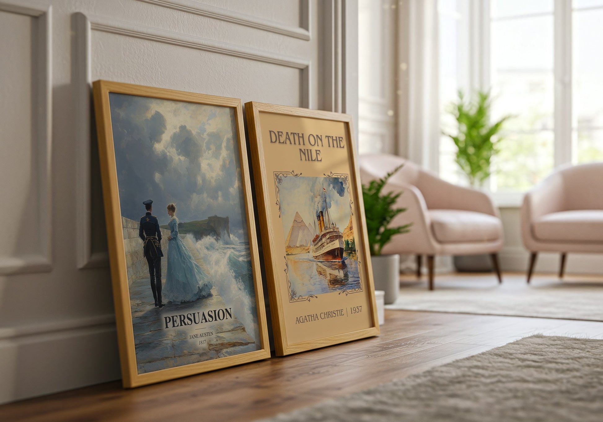 Persuasion watercolour print framed by window – literary home decor