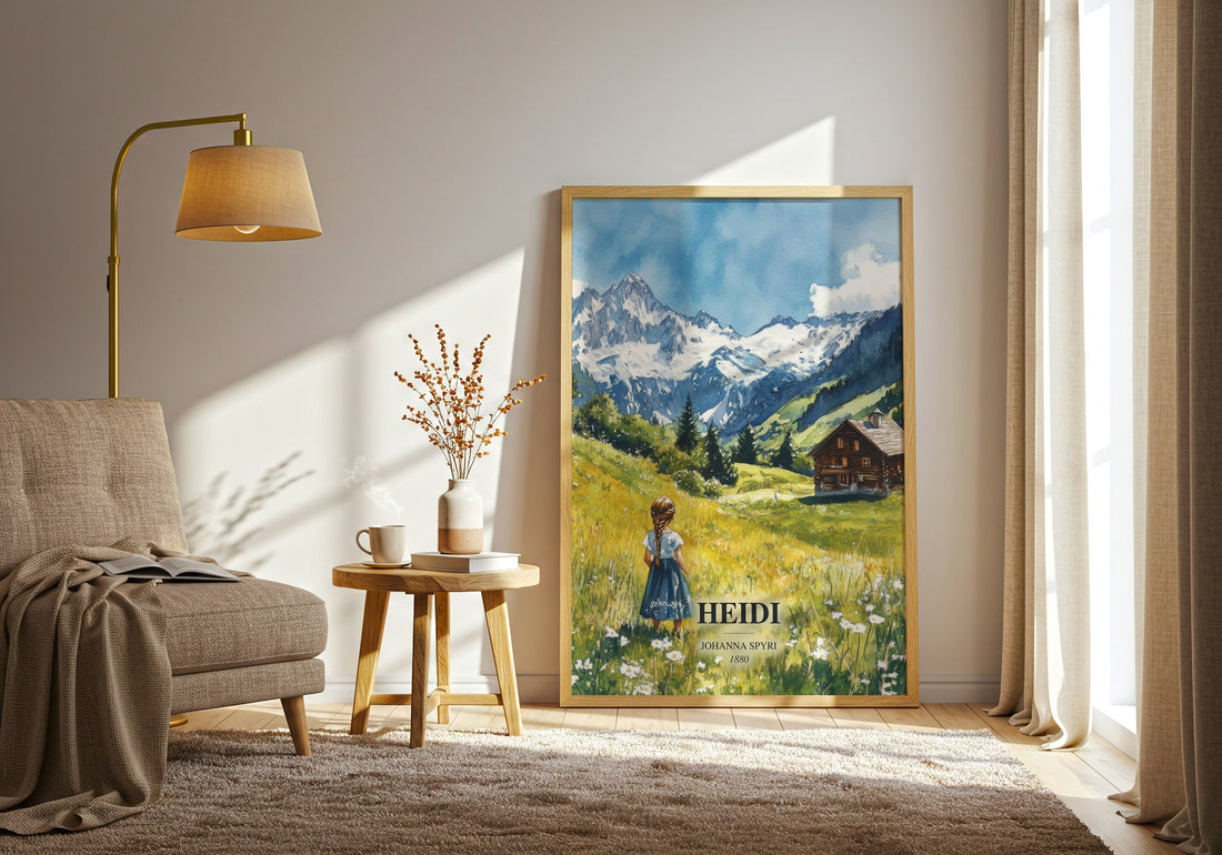 Heidi watercolour print in frame leaning in hallway – childrens wall art (mockup)