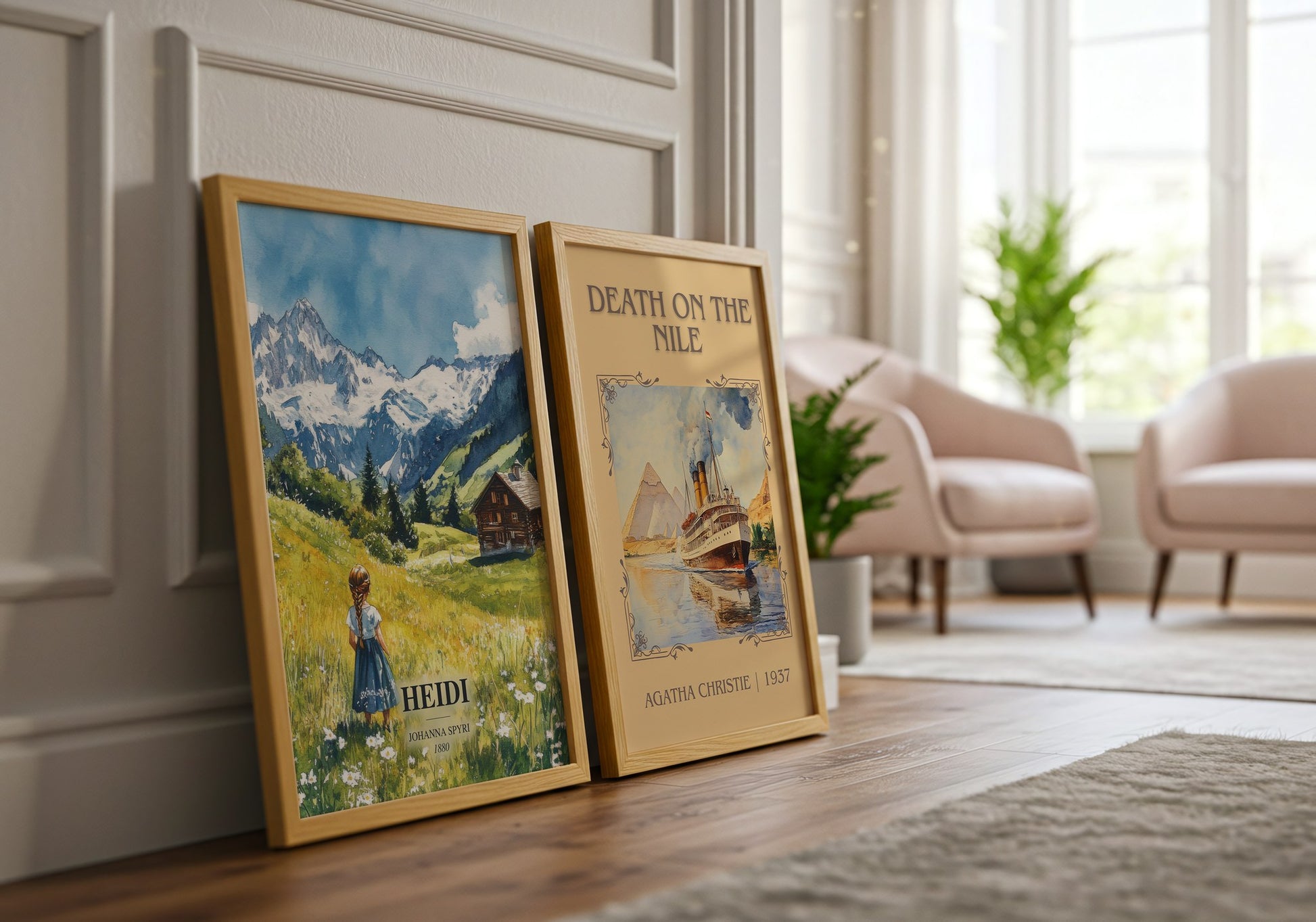 Heidi watercolour print framed by window – literary home decor