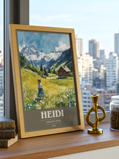 Heidi Book Cover Poster by Johanna Spyri – framed print on a city-view windowsill