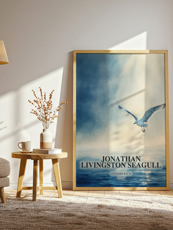 Jonathan Livingston Seagull watercolour print in frame leaning in hallway – contemporary fiction wall art