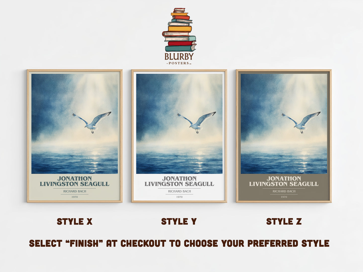 Jonathan Livingston Seagull book cover print in frame leaning in hallway – literary fiction wall art