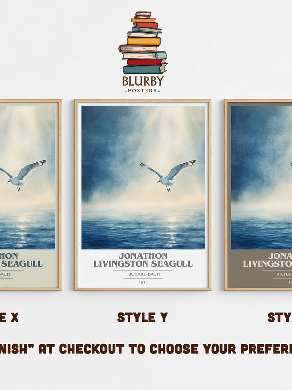 Jonathan Livingston Seagull book cover print in frame leaning in hallway – literary fiction wall art