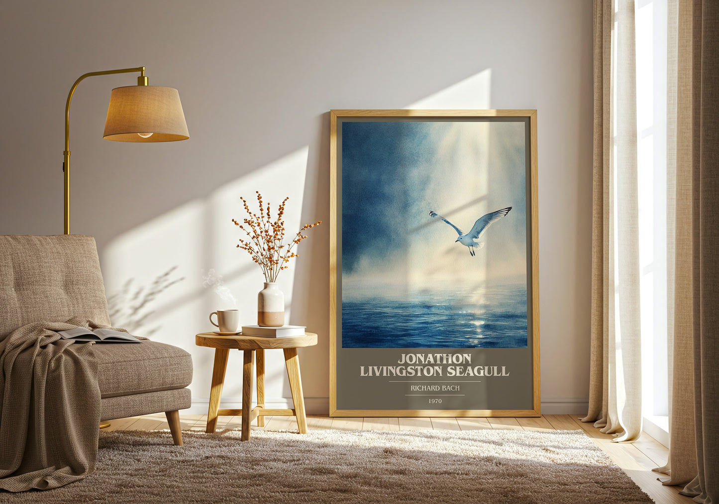Jonathan Livingston Seagull book cover print framed by window – literary home decor