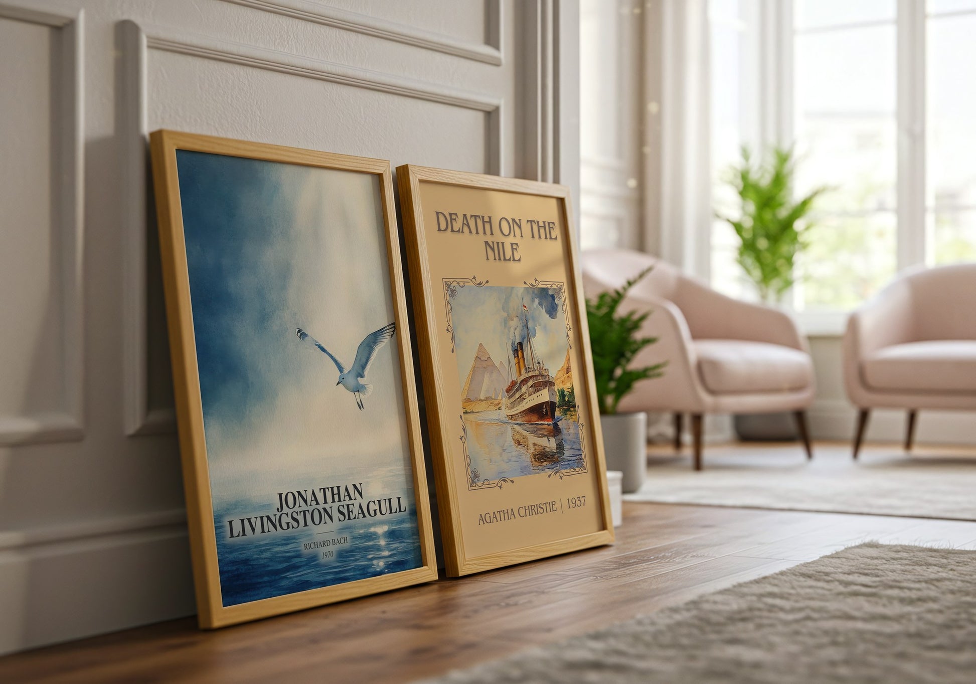 Jonathan Livingston Seagull watercolour print framed by window – literary home decor