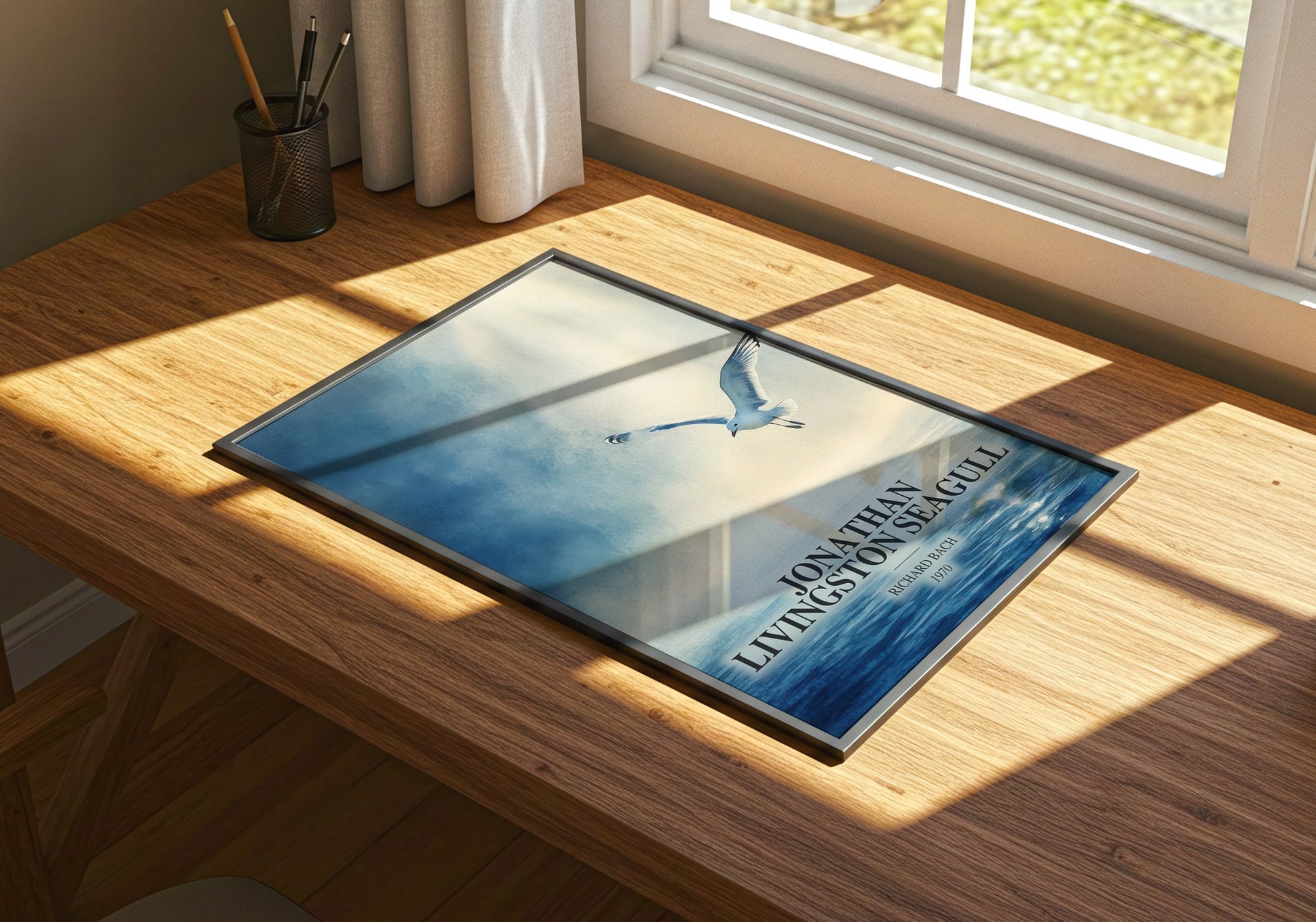 Jonathan Livingston Seagull watercolour book poster framed on wall – contemporary fiction wall art