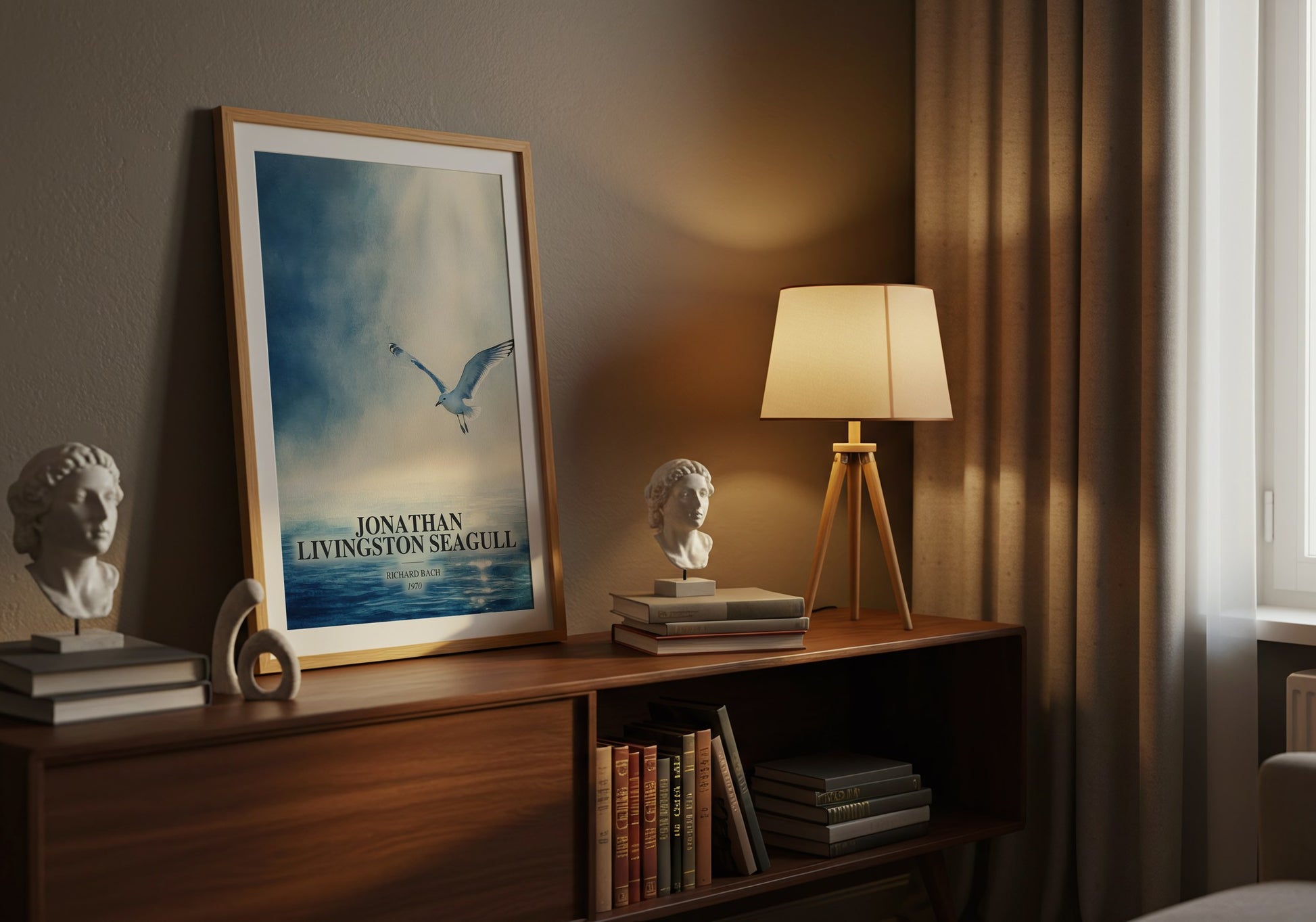 Jonathan Livingston Seagull watercolour print on bookshelf – Richard Bach fan gift