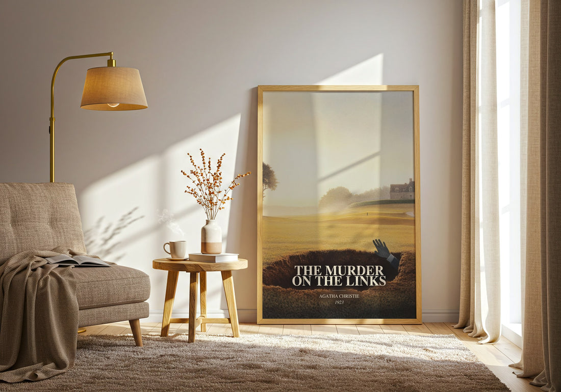 The Murder On The Links watercolour print in frame leaning in hallway – mystery wall art (mockup)