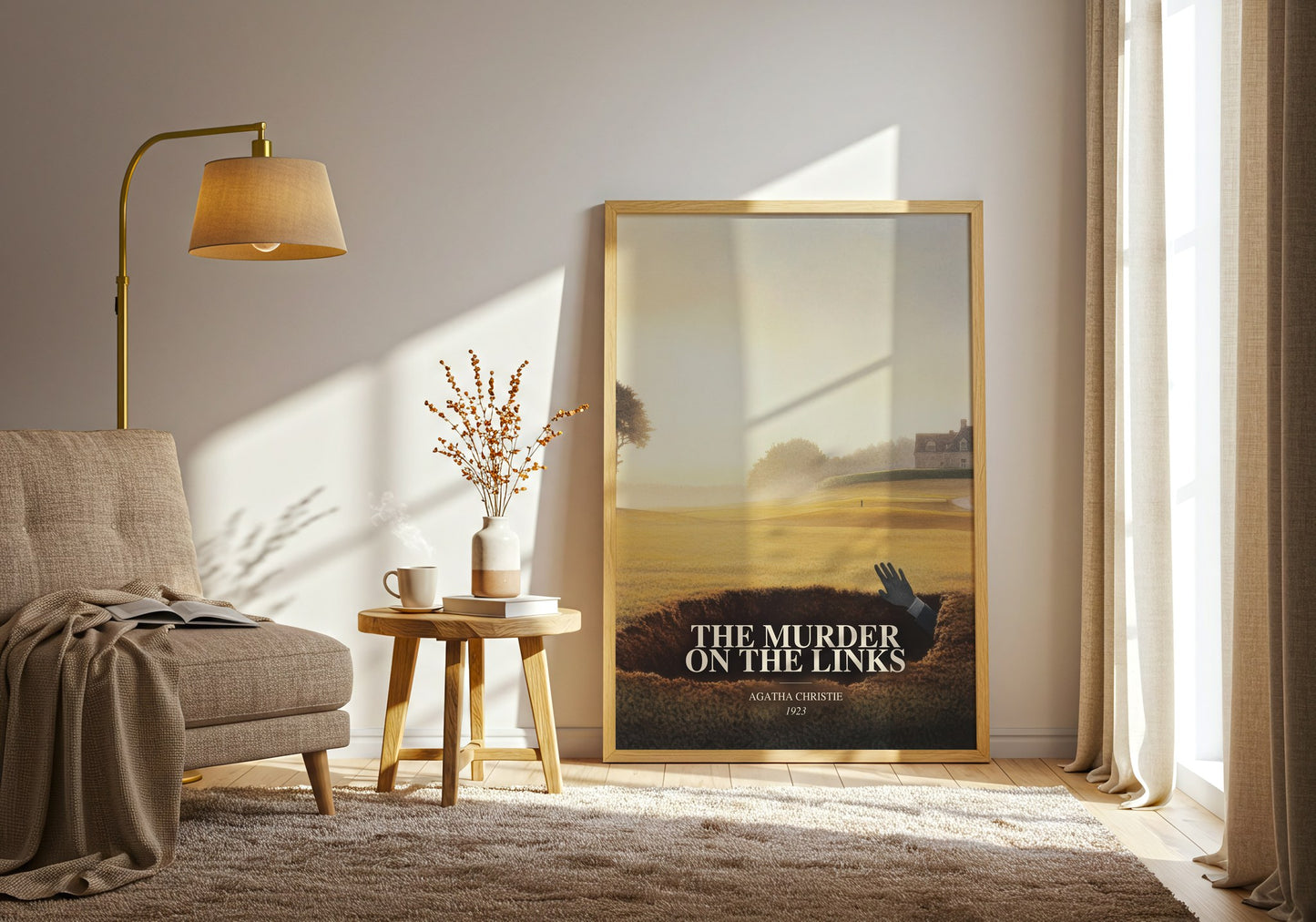 The Murder On The Links watercolour print in frame leaning in hallway – mystery wall art