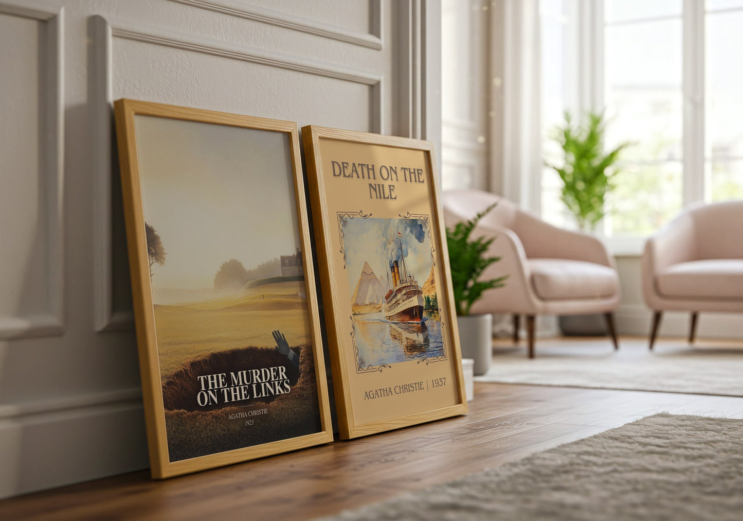 The Murder On The Links watercolour print framed by window – literary home decor
