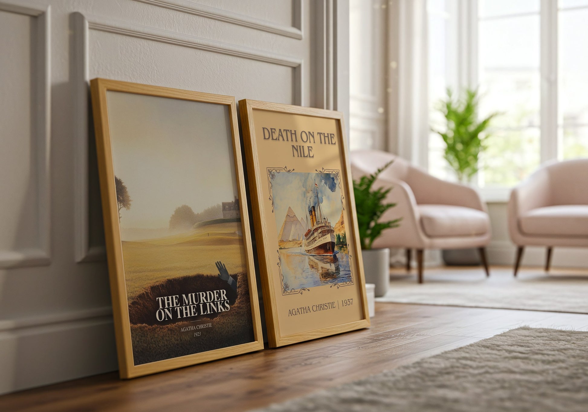 The Murder On The Links watercolour print framed by window – literary home decor