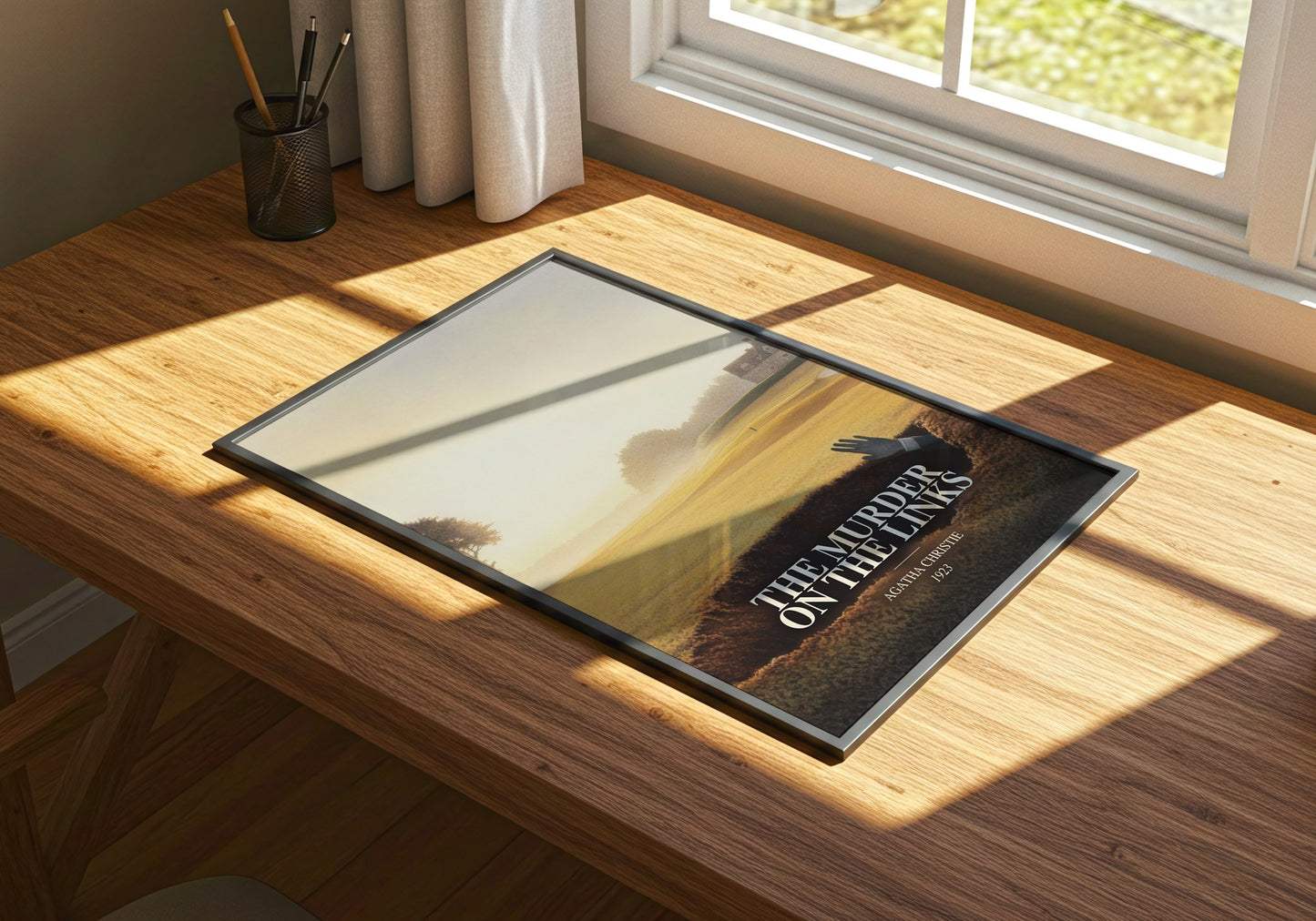 The Murder On The Links watercolour book poster framed on wall – mystery wall art