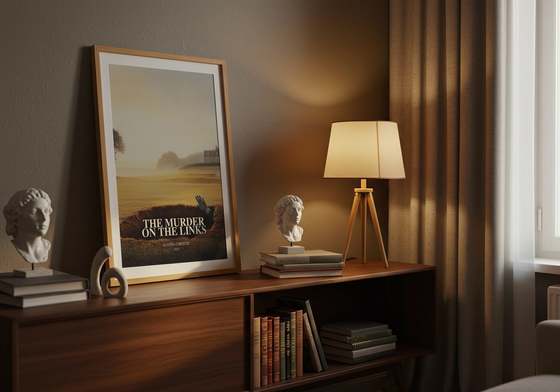 The Murder On The Links watercolour print on bookshelf – Agatha Christie fan gift