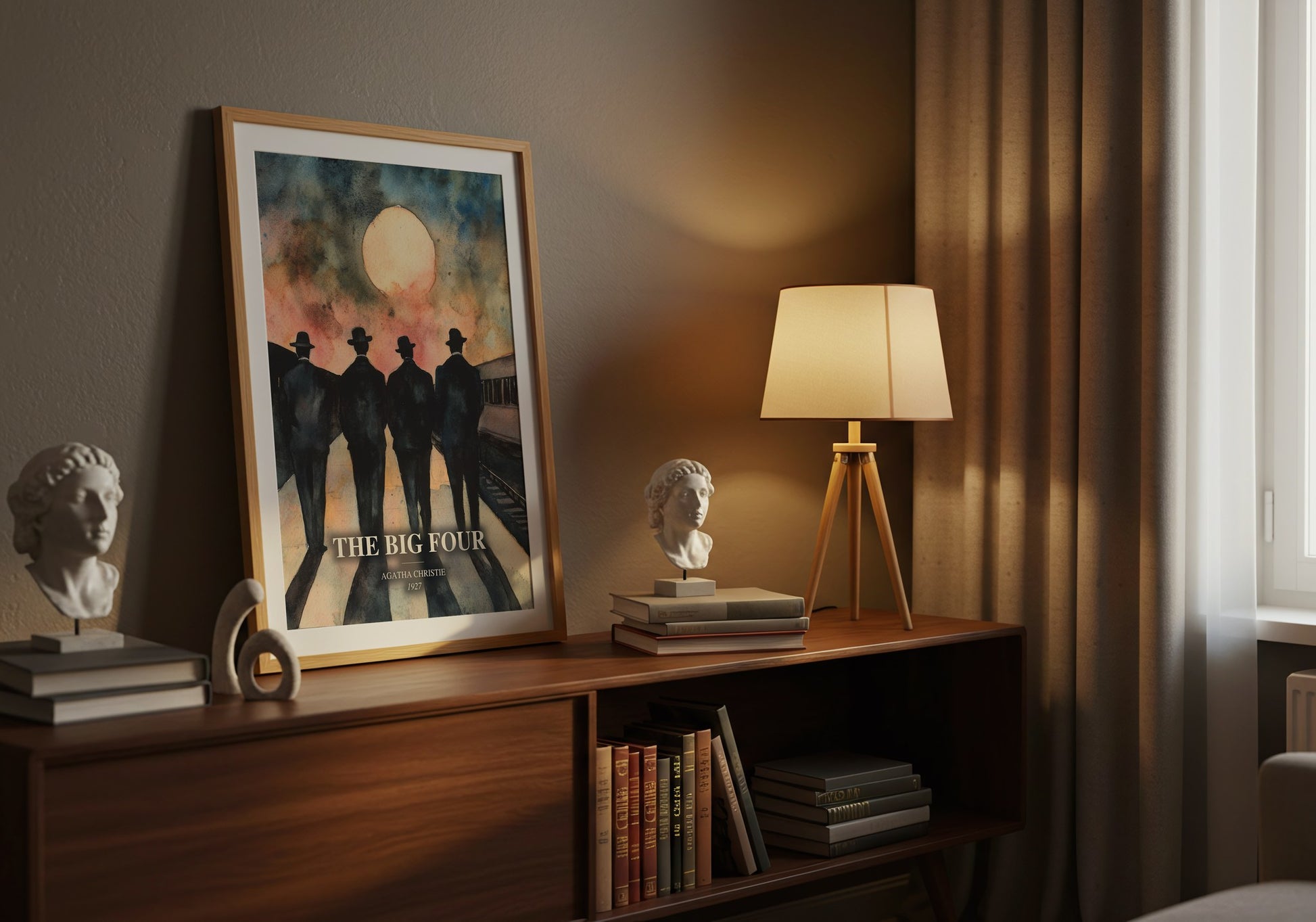 The Big Four watercolour print on bookshelf – Agatha Christie fan gift