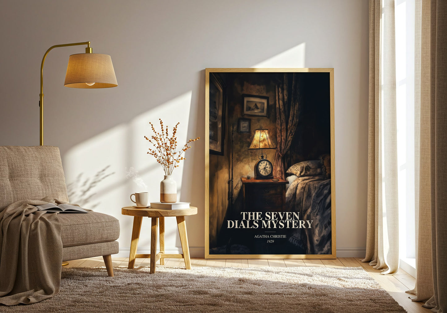 The Seven Dials Mystery watercolour print in frame leaning in hallway – mystery wall art