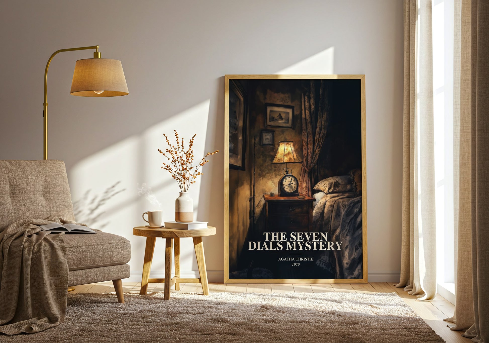 The Seven Dials Mystery watercolour print in frame leaning in hallway – mystery wall art