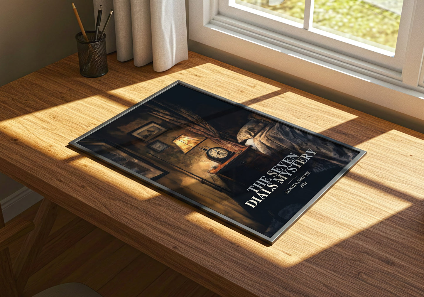 The Seven Dials Mystery watercolour book poster framed on wall – mystery wall art