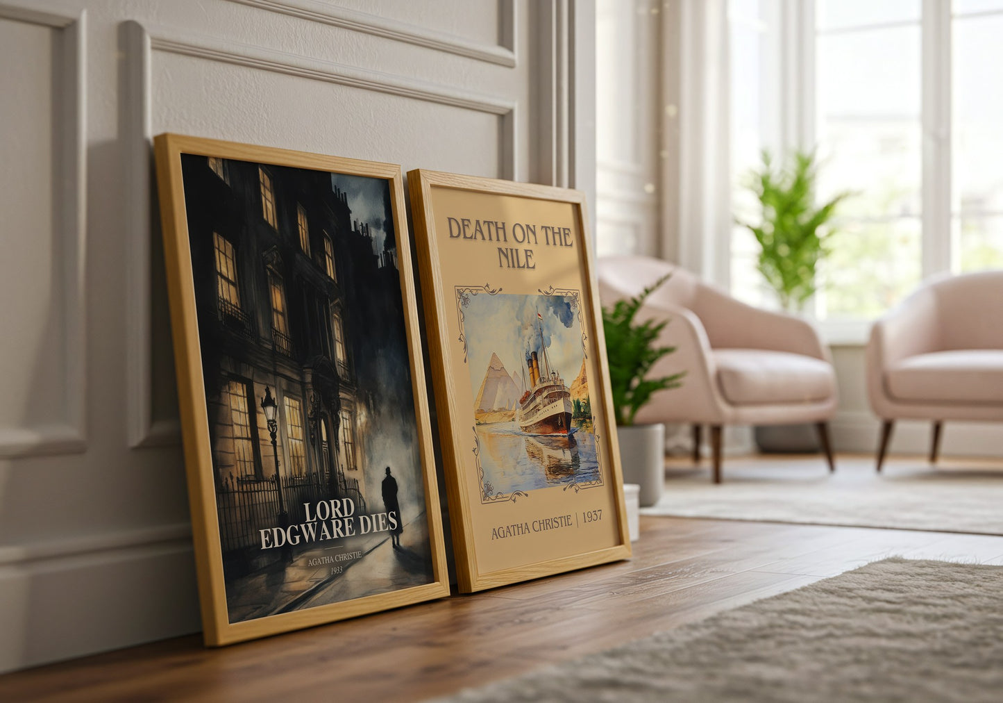 Lord Edgware Dies watercolour print framed by window – literary home decor