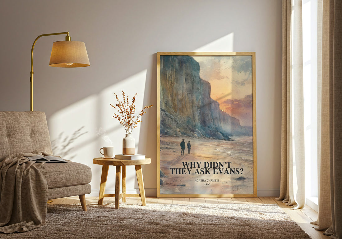Why Didn'T They Ask Evans? watercolour print in frame leaning in hallway – mystery wall art (mockup)