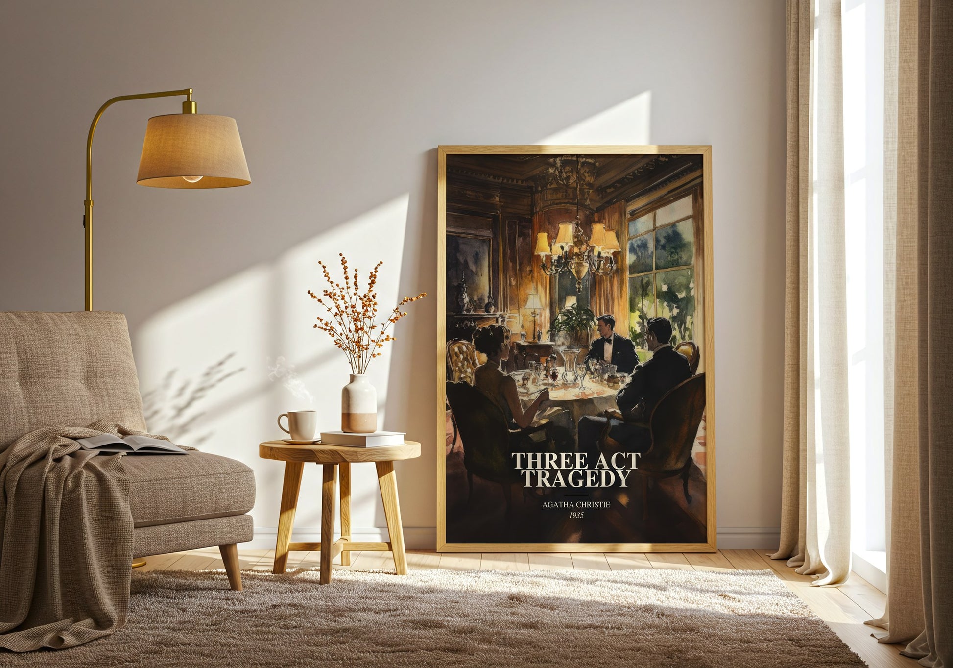 Three Act Tragedy watercolour print in frame leaning in hallway – mystery wall art