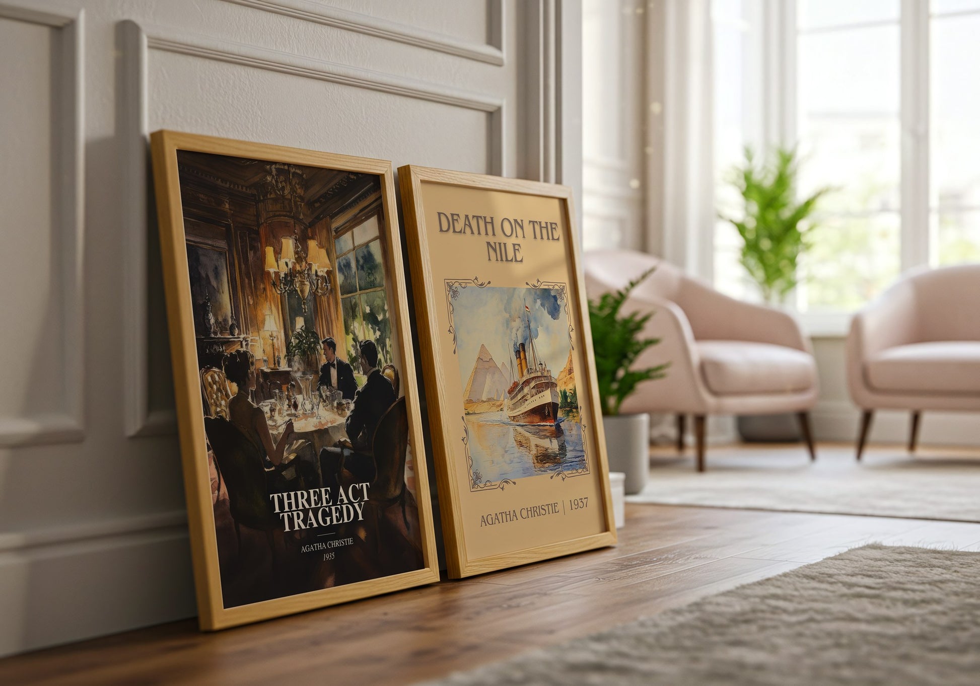 Three Act Tragedy watercolour print framed by window – literary home decor