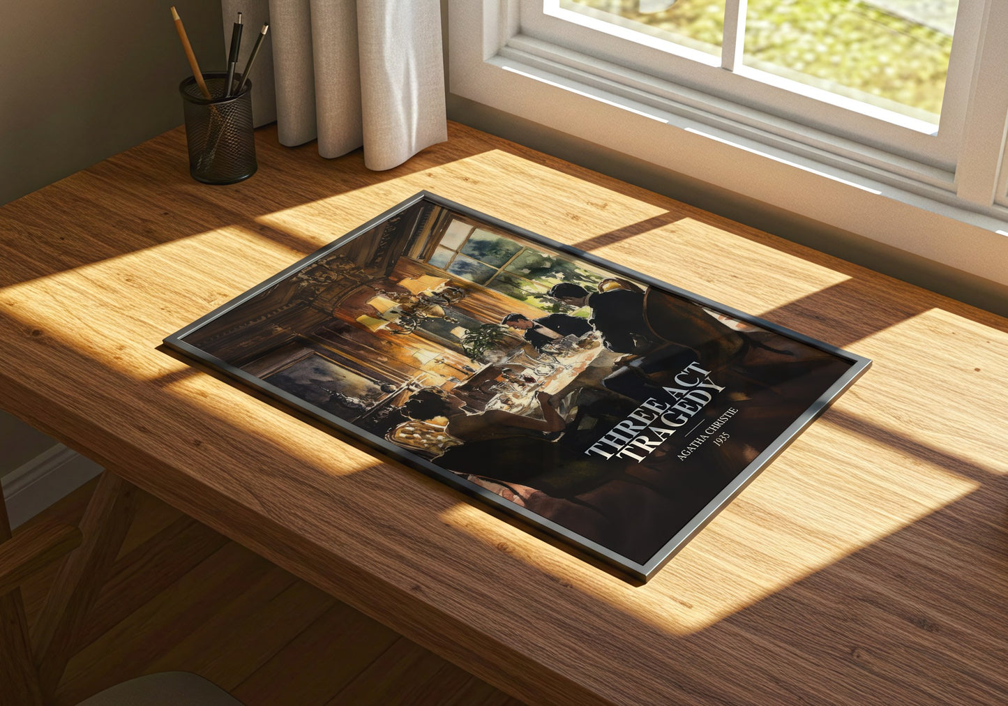 Three Act Tragedy watercolour book poster framed on wall – mystery wall art