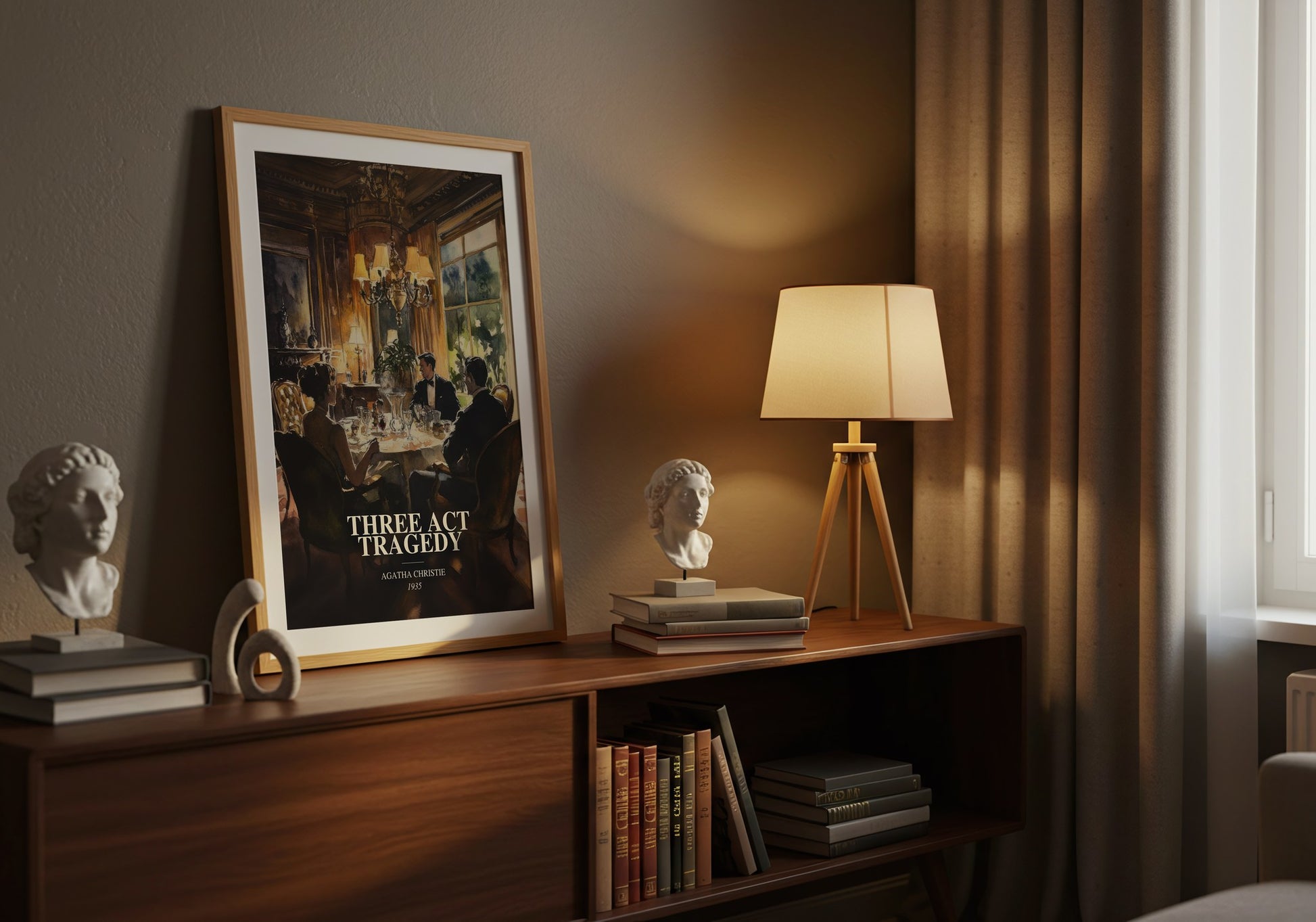 Three Act Tragedy watercolour print on bookshelf – Agatha Christie fan gift