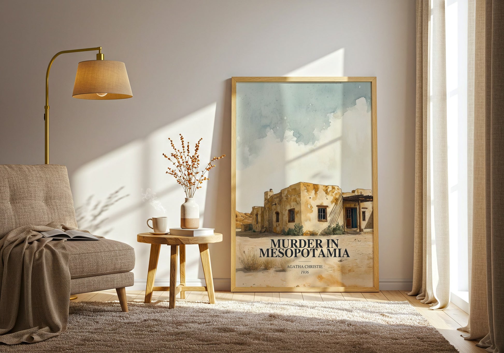 Murder In Mesopotamia watercolour print in frame leaning in hallway – mystery wall art