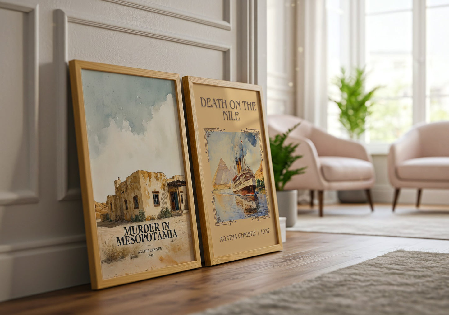 Murder In Mesopotamia watercolour print framed by window – literary home decor