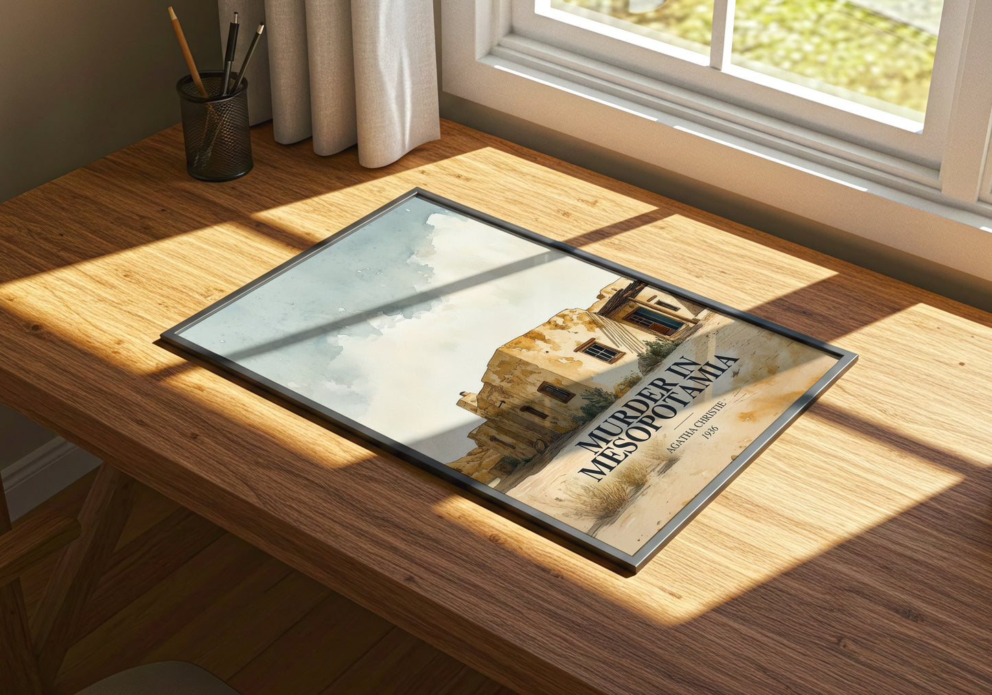 Murder In Mesopotamia watercolour book poster framed on wall – mystery wall art