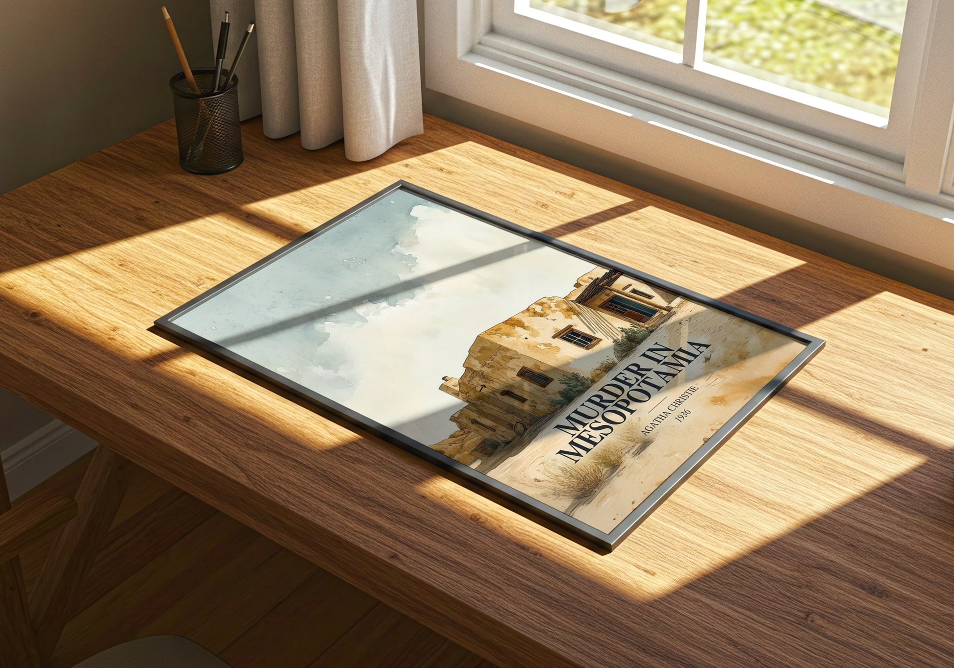 Murder In Mesopotamia watercolour book poster framed on wall – mystery wall art