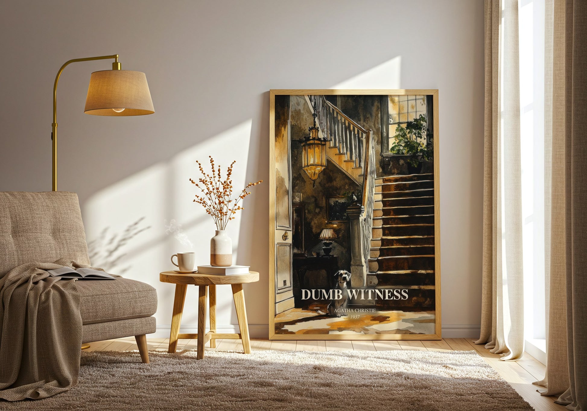 Dumb Witness watercolour print in frame leaning in hallway – mystery wall art