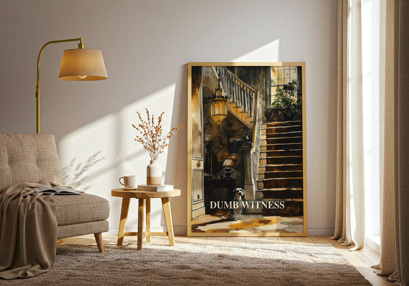 Dumb Witness watercolour print in frame leaning in hallway – mystery wall art