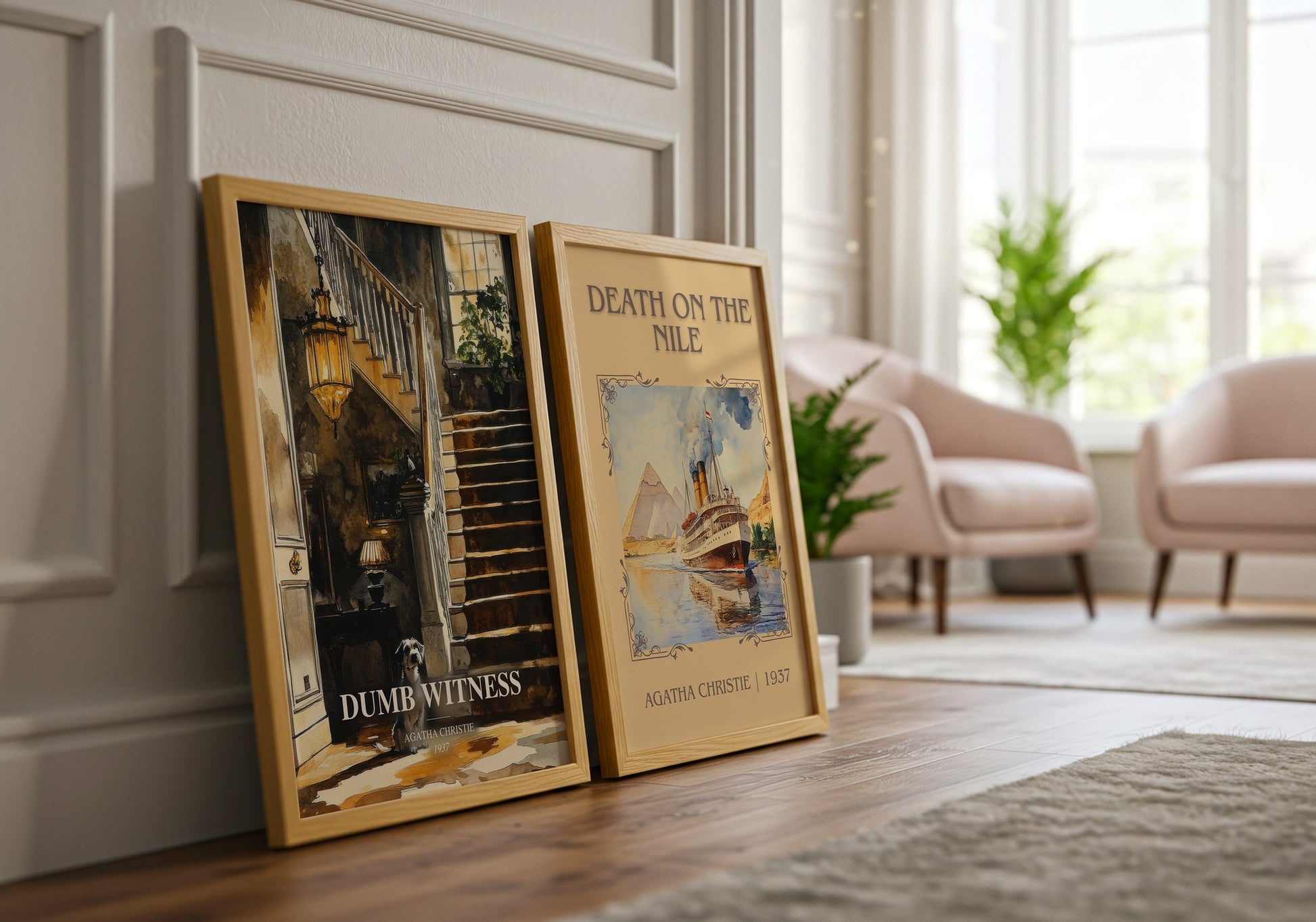 Dumb Witness watercolour print framed by window – literary home decor