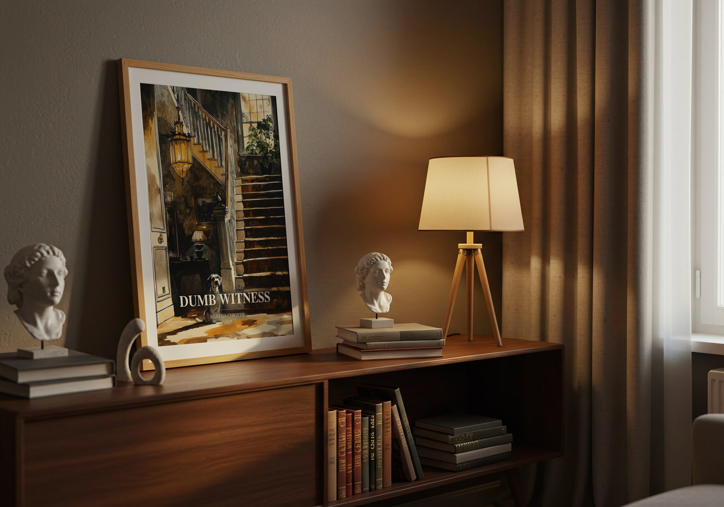 Dumb Witness watercolour print on bookshelf – Agatha Christie fan gift