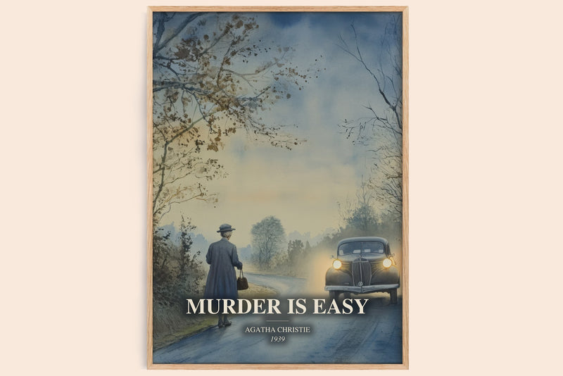 Murder Is Easy watercolour book poster by Agatha Christie – framed literary art print
