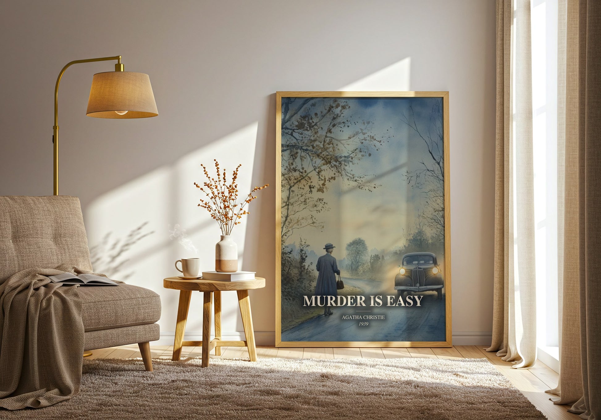 Murder Is Easy watercolour print in frame leaning in hallway – mystery wall art