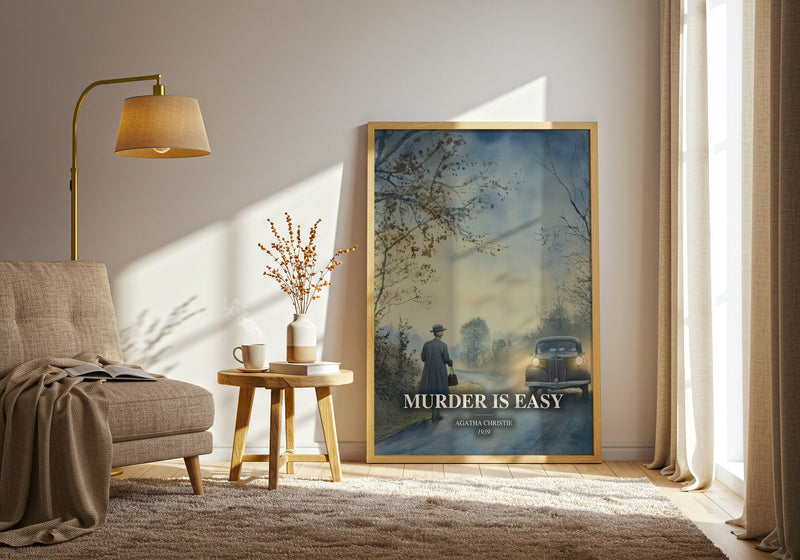 Murder Is Easy watercolour print in frame leaning in hallway – mystery wall art