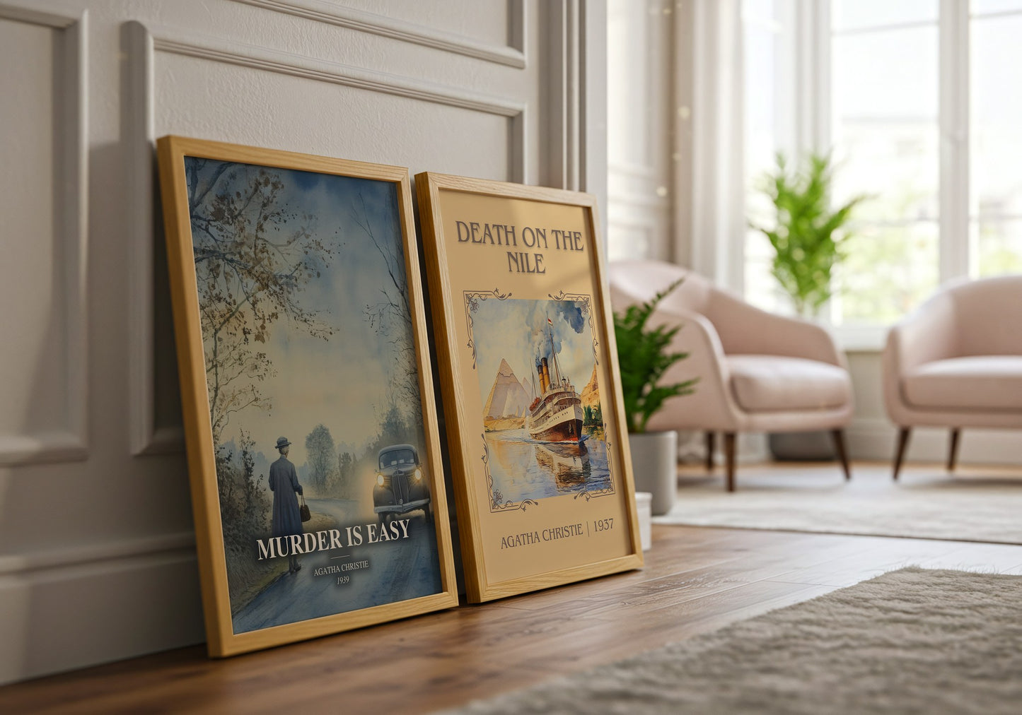 Murder Is Easy watercolour print framed by window – literary home decor