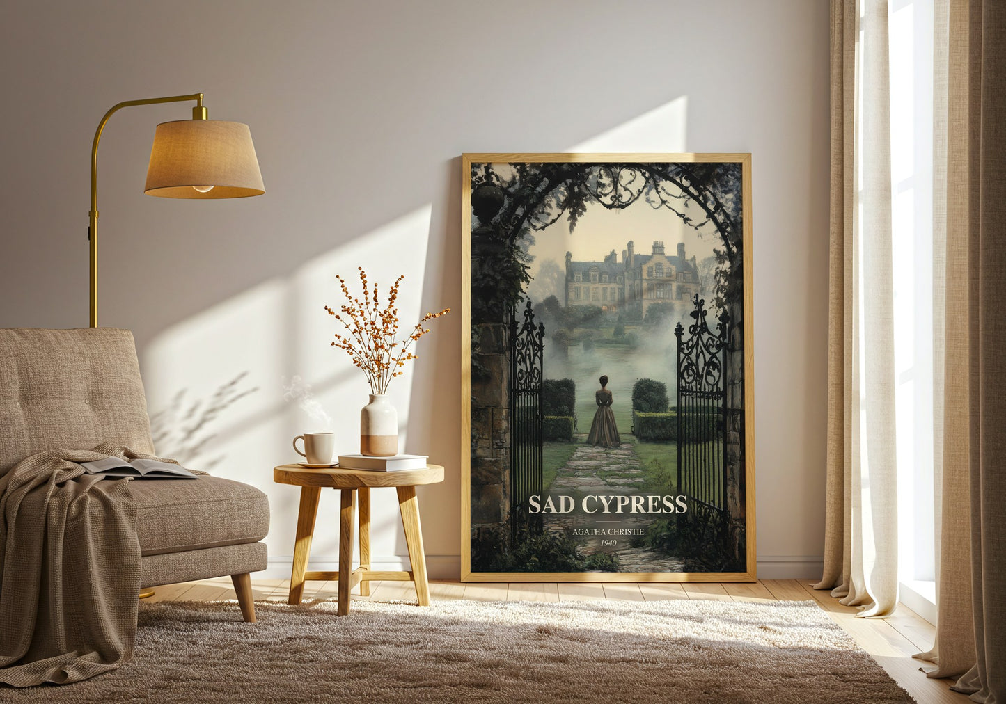 Sad Cypress watercolour print in frame leaning in hallway – mystery wall art