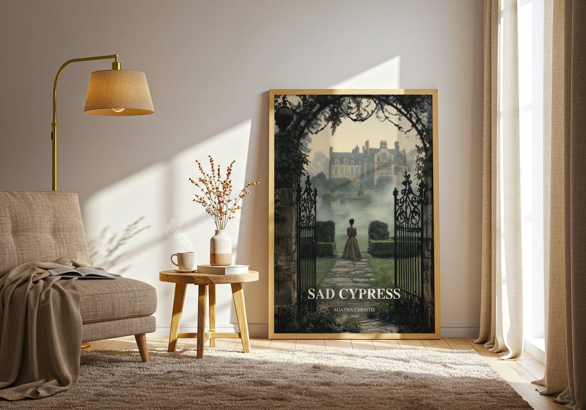 Sad Cypress watercolour print in frame leaning in hallway – mystery wall art
