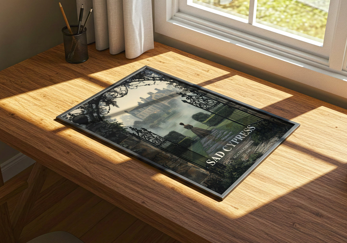 Sad Cypress watercolour book poster framed on wall – mystery wall art